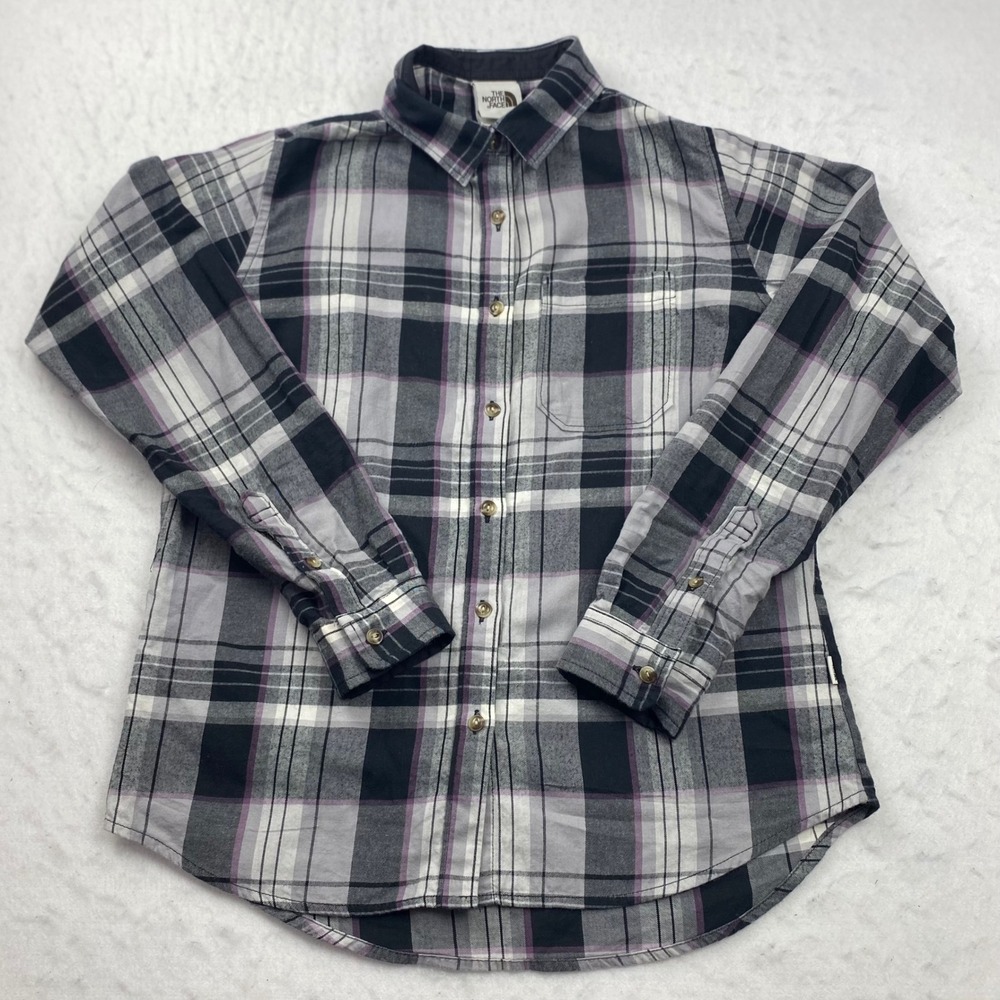 The North Face Womens Plaid Flannel Button Down Shirt Grey Purple Long Sleeve